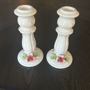 Vintage White With Rose Capodimonté Set Of 2 Candlesticks Made in Italy